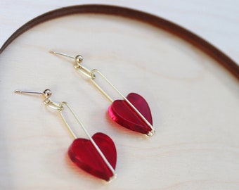 Red Heart Drop Earrings - Laser cut, Acrylic, Brass - Valentines Day 2022