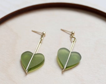 Lime Green Heart Drop Earrings - Laser cut, Acrylic, Brass - Valentines Day 2022