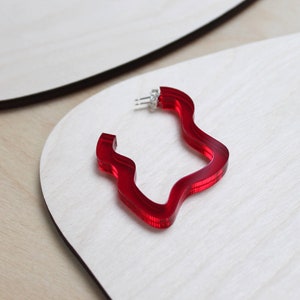 Squiggle hoops / abstract hoop earrings / lasercut from translucent red perspex