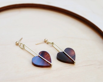 Tortoiseshell Heart Drop Earrings - Laser cut, Acrylic, Brass - Valentines Day 2022