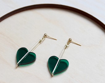 Green Heart Drop Earrings - Laser cut, Acrylic, Brass - Valentines Day 2022