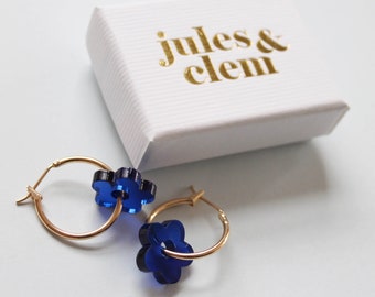 Blue flower hoop earrings