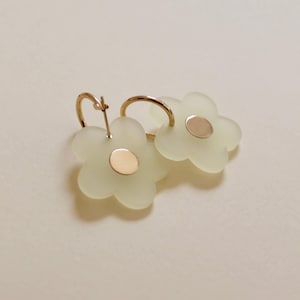Light Yellow Floral Hoop Earrings with Brass Inlay - Romantic Handmade Earrings - Whimsical Botanical Jewellery - Lightweight Everyday Hoops
