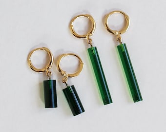 Column huggie drop earrings in green - two lengths available