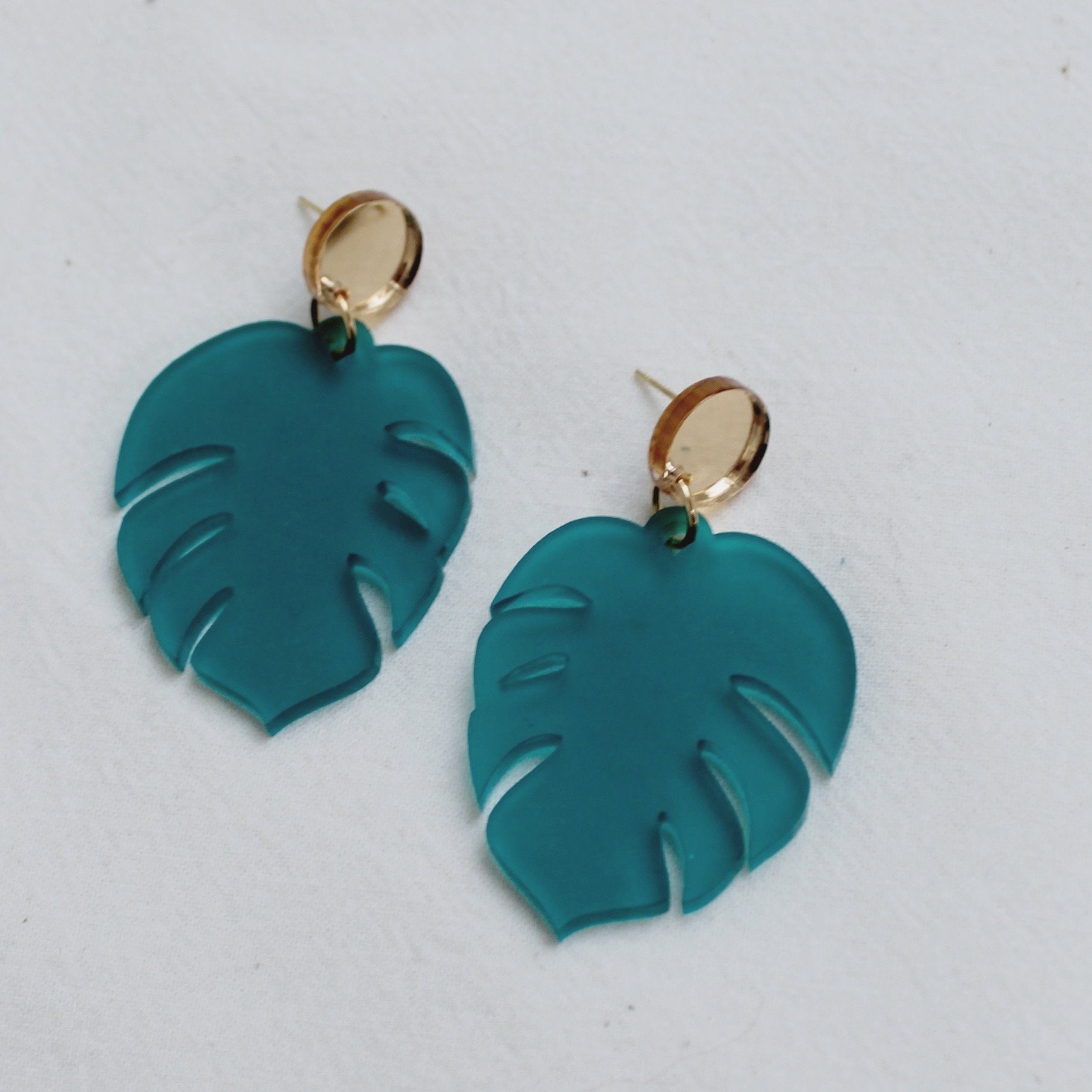 Monstera Leaf Earrings in Blue / Turquoise | Etsy