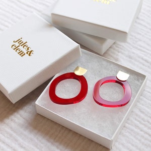 Statement Pebble Stud Earrings in Brass and Red / lasercut jewellery / handmade jewellery / christmas gift for her / red earrings