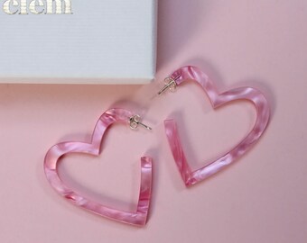 Valentines Pink Heart Hoop Earrings - laser cut perspex, marbled pink