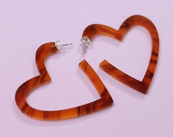 Valentines Tortoiseshell Heart Hoop Earrings - laser cut perspex