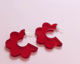 Scallop Hoop Earrings in Red