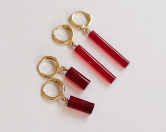 Column huggie drop earrings in red - two lengths available