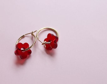 Red flower hoop earrings