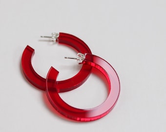 Red hoop earring - lasercut perspex, translucent red