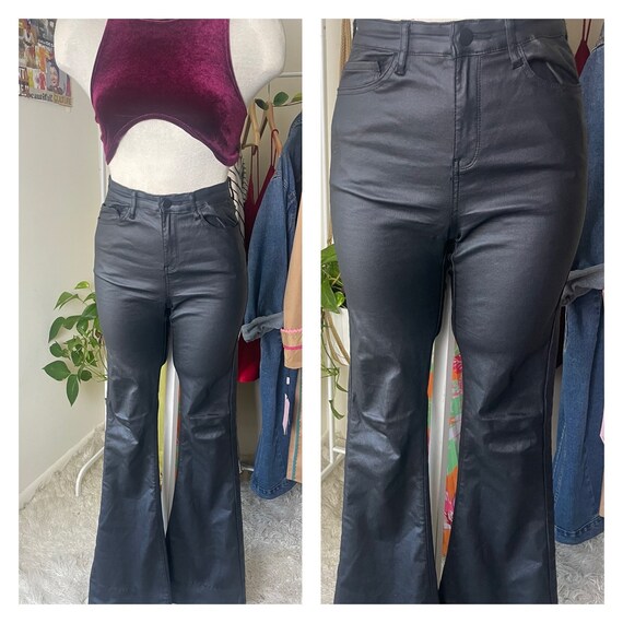 2000s Y2K Vegan Leather High Waist Flare Pants Stretchy & Stylish  