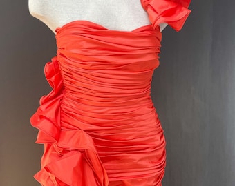 Vintage 1980s 1990s Asymmetrical Ruffle Pleated Gathered Body Con Dress Festive Occasion Orange Date Night Party