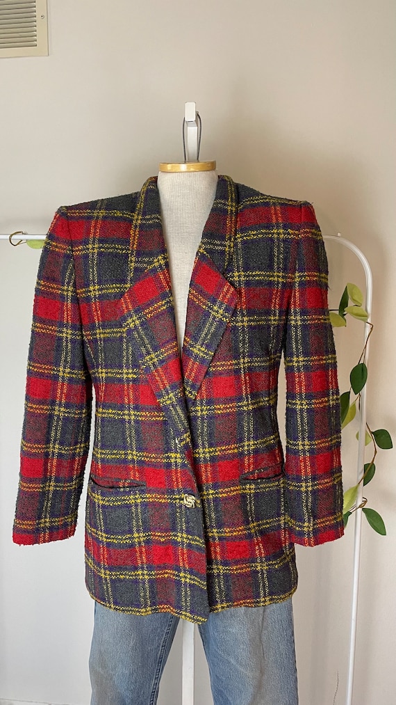 Vintage 80s 90s Plaid Tartan Blazer Red Green Blue