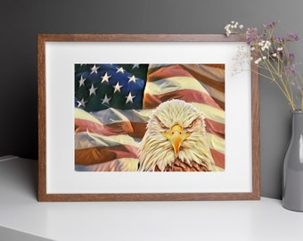 Bald Eagle, patriotic wall art, American flag art, Memorial Day, July 4th, instant download