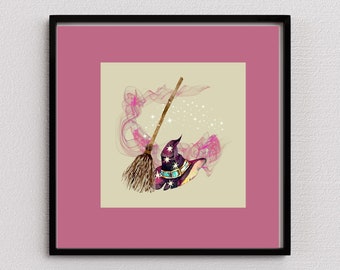 May include: A framed print featuring a watercolor illustration of Halloween elements. The artwork includes a witch's hat with star accents, a broom, and pink smoke-like swirls. The background is a light beige color, and the frame is black.