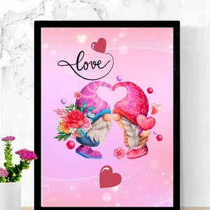 Gnomes in Love, Valentines Day, Valentines art, wall decor Valentines, gnome wall art, hearts, love art, digital download