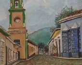 Old Vintage Street Scene Oil Painting Church Cityscape Landscape Art Framed