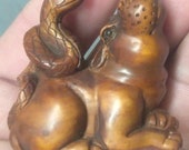 Old Hand Carved Japanese Netsuke Art Carving Hippo and Snake Boxwood Wood Signed