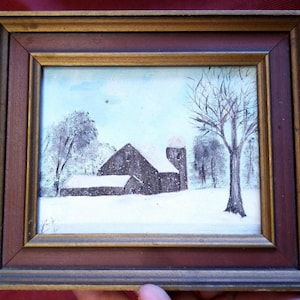 Vintage Painting Winter House Landscape Red Barn Signed American Snow Rural Farm