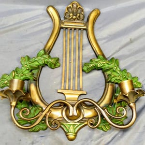Vintage Musical Lyre Ivy Vine Cast Brass Two Arm Candle Holder Wall Sconce