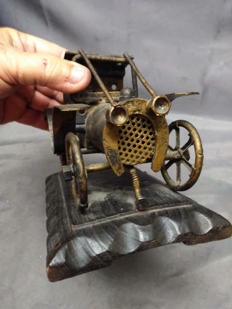 Vintage Metal Automobile Art Sculpture Car on Carved Wood Base | Etsy