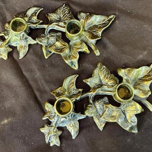 Old Vintage Pair of Two 2 Brass Taoer Candlesticks Set Ivy Leaf Leaves by WILTON