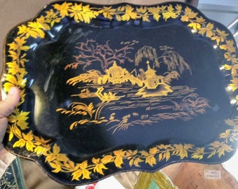 Vintage Hand Painted Black Gold Tole Painted Serving Tray Scalloped Chinoisserie