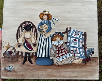 Vintage Country Americana Acrylic Painting Folk Art Dolls Toys Primitive Style