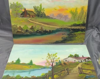 2 Old Vintage Artist Signed Original Oil Paintings Landscape American Waggoner