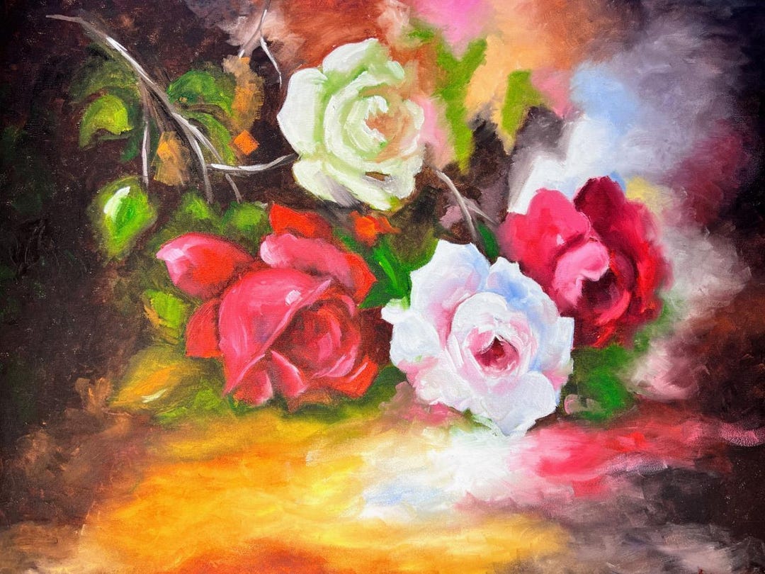 Original Oil Painting White Red Yellow Flowers Roses Still Life Artist ...