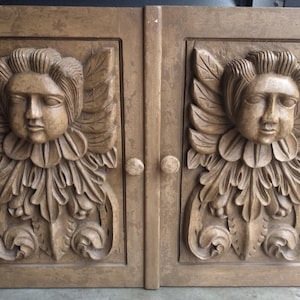 Pair of Two Carved Wood Carving Cherub Angel Doors Art Set Architectural Salvage