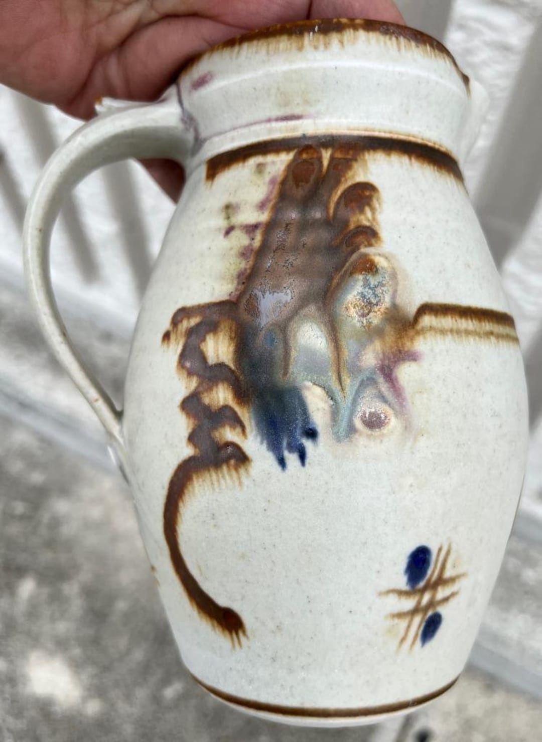 Vintage Signed Studio Art Pottery American Handled Pitcher Hand Painted ...