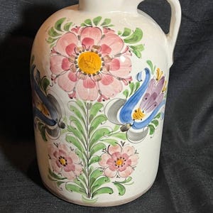 Ceramic Art Pottery Handled Jug Hand Painted Floral Flower Flowers by URSULA '84