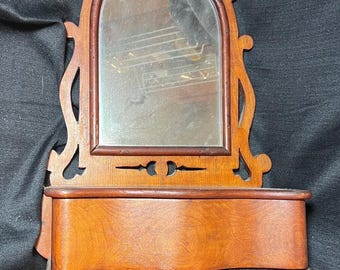 Antique Old Wooden American Furniture Hanging Mirror & Wood One Drawer Shelf