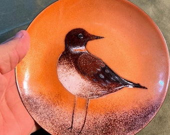 Vintage Bovano of Cheshire Enamel on Copper Dish Beach Shorebird Enameled Art