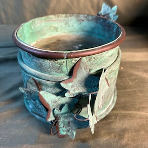 Vintage Copper Metal Planter Vase or Candle Holder Ivy Plant Design Verdigris
