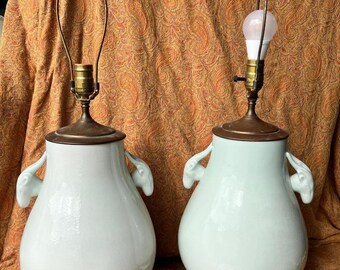 Vintage Asian Chinese China Pair of 2 Green Celadon Glaze Lamps Art Pottery Urns