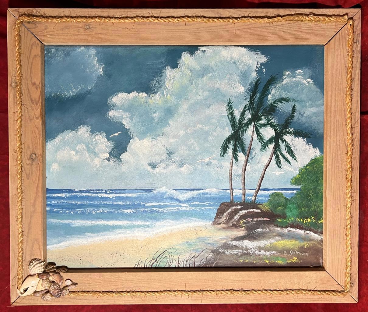 Original Oil Painting Florida Beach Landscape Palm Trees Signed Framed B Johnson