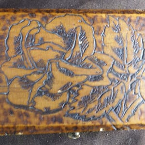 Old Vintage Flemish Art Pyrography Jewelry Trinket Wood Wooden Box Art Nouveau