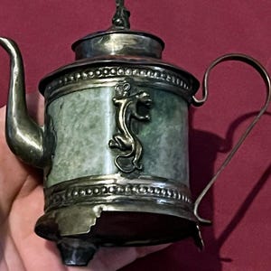 Asian Art Ceremonial Small Teapot Chinese Tibet Cloisonne Green Stone & Metal