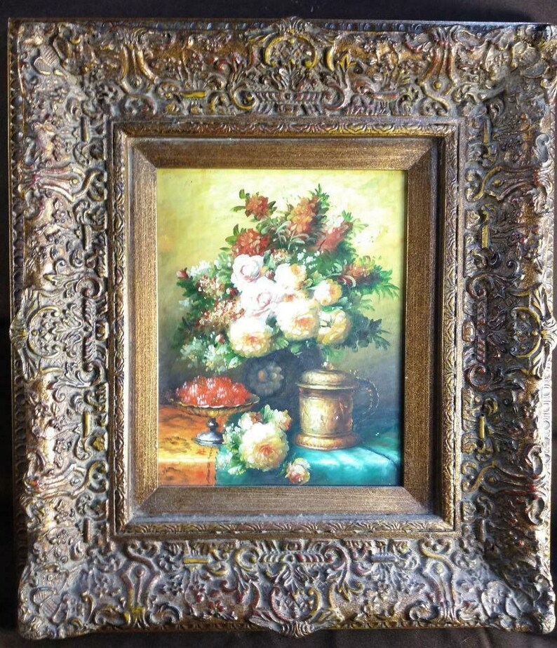 Framed Floral Still Life Beer Stein Vase Urn of Flowers Fruit Oil Painting Art