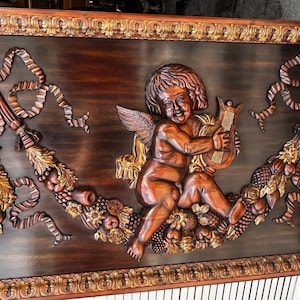 Large Carved Wood Wooden Carving Cherub Putti Winged Angel Wall Plaque Panel Art