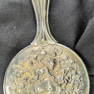 Old Antique Silver Plated Vanity Dresser Dressing Hand Mirror Cherub Angel Putti