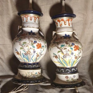 Antique Asian Oriental Lamps Pair of Two 2 Chinese Art Pottery Vases Urns Set