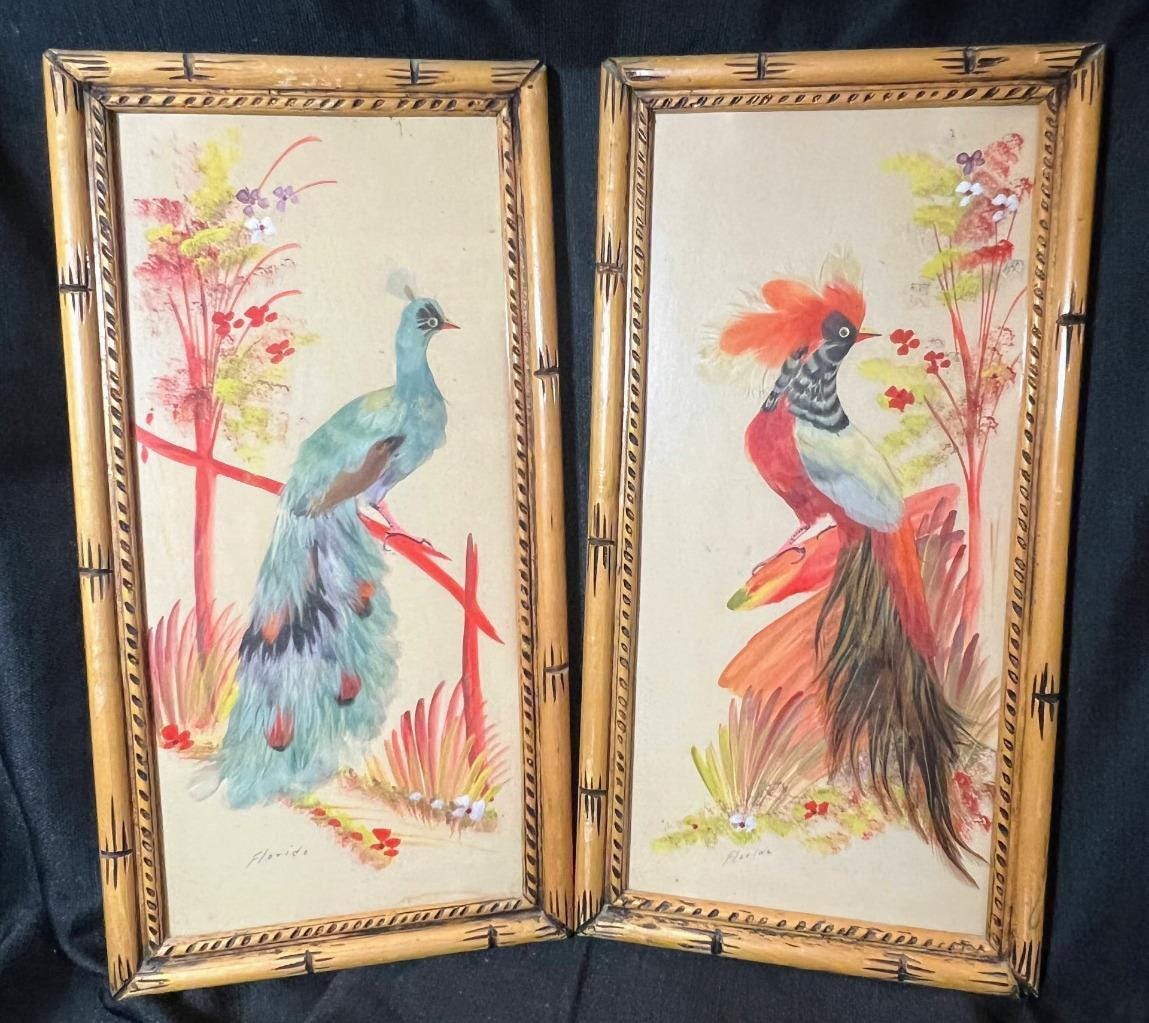 Pair Vintage Mexico Feather Craft Painting Peacock Art Bird Picture Wood Frames