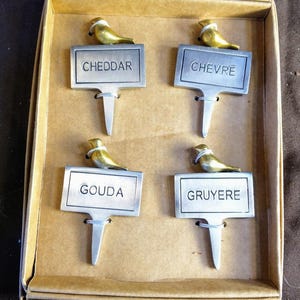 Food Cheese Charcuterie Board Metal Markers Cheddar Chevre Gruyere Gouda Cheeses