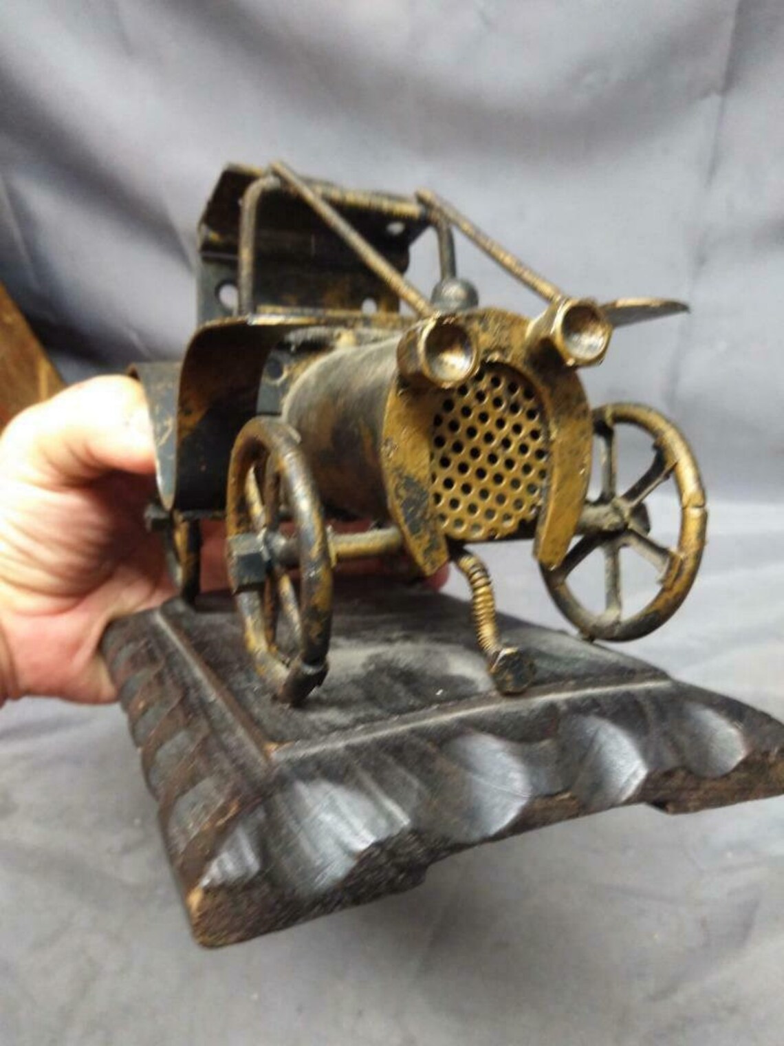 Vintage Metal Automobile Art Sculpture Car on Carved Wood Base | Etsy