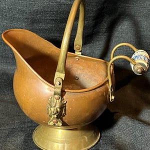 Small Vintage Copper Brass & Pottery Fireplace Coal Scuttle Bucket Planter Pot